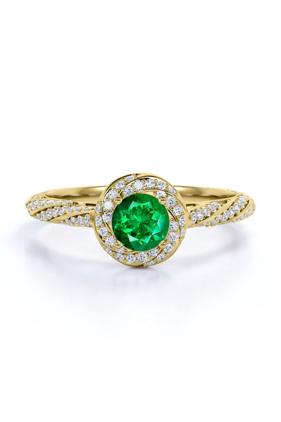 1.2 TCW Round Shaped Lab Created Emerald and Moissanite - Superb Encrusted Twirl - Halo Pave Engagement Ring - 18K Yellow Gold Plating over Silver