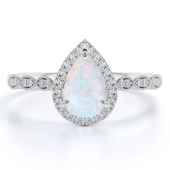 JeenMata 1.25 Carat Antique Pear Cut Blue Opal and Moissanite Solitaire Wedding Ring in 18K White Gold over Silver