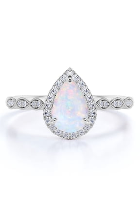 1.25 Carat Antique Pear Cut Blue Opal and Moissanite Solitaire Wedding Ring in 18K White Gold over Silver