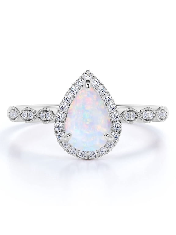 1.25 Carat Antique Pear Cut Blue Opal and Moissanite Solitaire Wedding Ring in 18K White Gold over Silver
