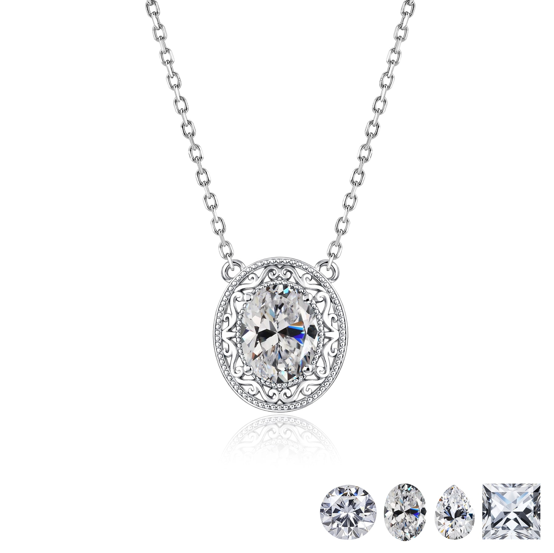 JeenMata 2 Carat Classic Oval Filigree Moissanite Pendant Necklaces - in 18K White Gold Plating Jewelry Necklace for Women