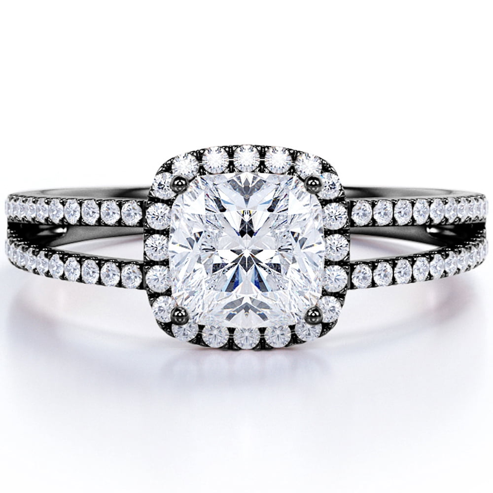 JeenMata 1.25 Carat Cushion Cut Moissanite - Halo - Split Shank Engagement Ring - 18K Black Gold Plating Over Silver