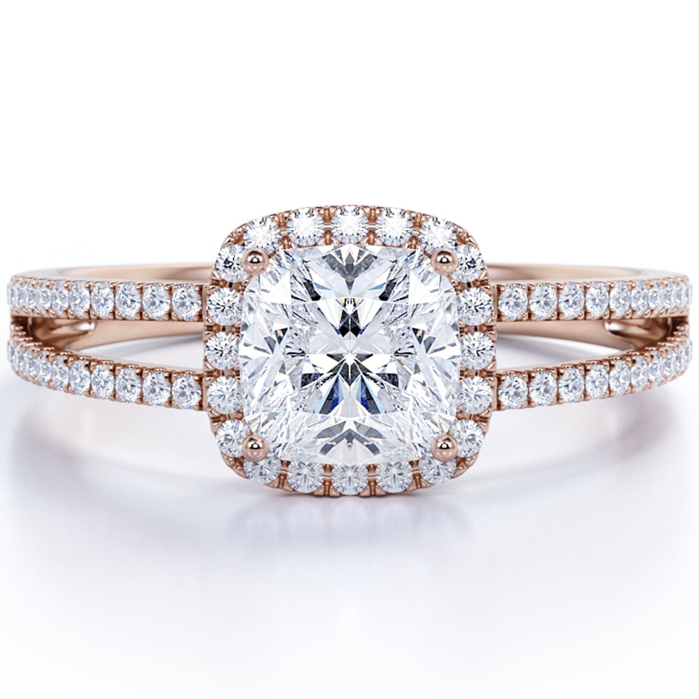JeenMata 1.25 Carat Cushion Cut Moissanite - Halo - Split Shank Engagement Ring - 18K Rose Gold Plating Over Silver