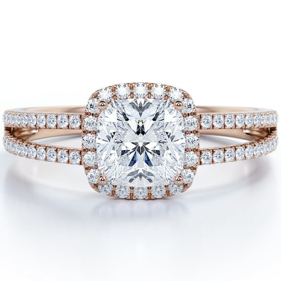 JeenMata 1.25 Carat Cushion Cut Moissanite - Halo - Split Shank Engagement Ring - 18K Rose Gold Plating Over Silver