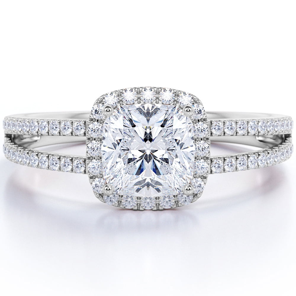 JeenMata 1.25 Carat Cushion Cut Moissanite - Halo - Split Shank Engagement Ring - 18K White Gold Plating Over Silver