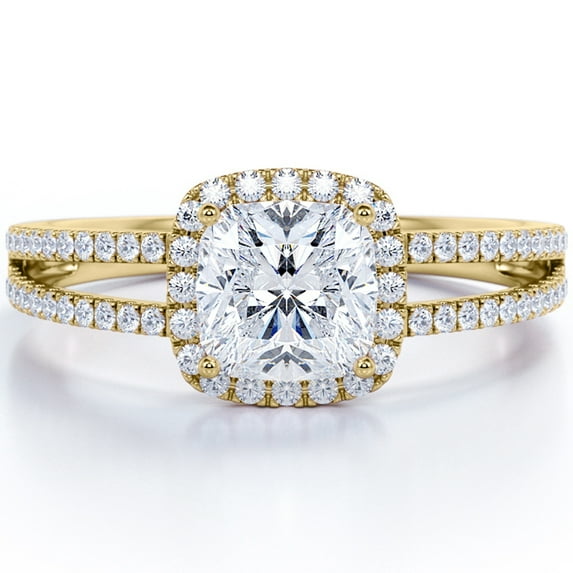JeenMata 1.25 Carat Cushion Cut Moissanite - Halo - Split Shank Engagement Ring - 18K Yellow Gold Plating Over Silver