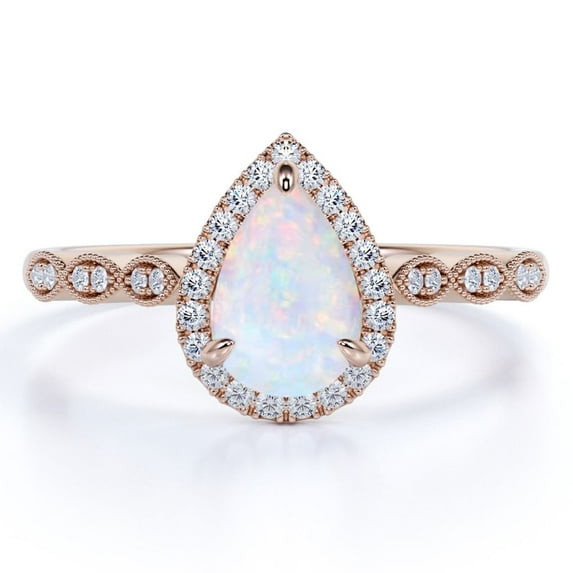 JeenMata 1.25 Carat Halo Pear Shaped Blue Opal and Moissanite Pavé Promise Ring in 18K Rose Gold over Silver