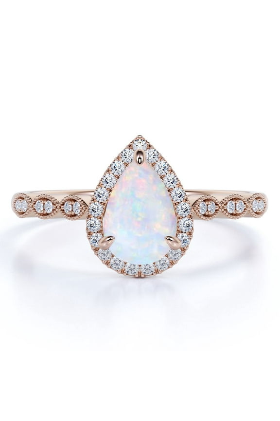 1.25 Carat Halo Pear Shaped Blue Opal and Moissanite Pavé Promise Ring in 18K Rose Gold over Silver
