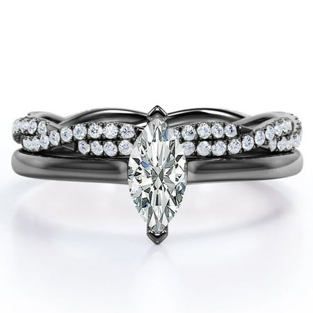 JeenMata 1.75 Carat Marquise Cut Solitaire Engagement Ring with Infinity Wedding Band Bridal Set in 18K Black Gold Plating over Silver