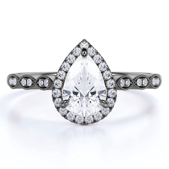 JeenMata 1.75 Carat Pear Cut Art Deco Ring - Wedding Ring - Halo Ring - Engagement Ring - Promise Ring - 18K Black Gold Plating over Silver