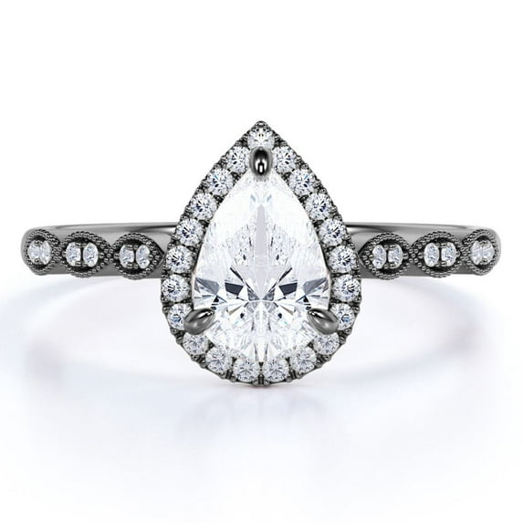JeenMata 1.75 Carat Pear Cut Art Deco Ring - Wedding Ring - Halo Ring - Engagement Ring - Promise Ring - 18K Black Gold Plating over Silver