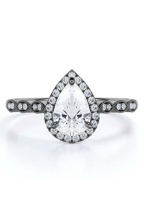 1.75 Carat Pear Cut Art Deco Ring - Wedding Ring - Halo Ring - Engagement Ring - Promise Ring - 18K Black Gold Plating over Silver