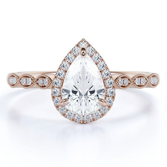 JeenMata 1.25 Carat Pear Cut Art Deco Ring - Wedding Ring - Halo Ring - Engagement Ring - Promise Ring - 18K Rose Gold Plating over Silver