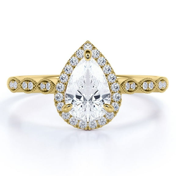 JeenMata 1.75 Carat Pear Cut Art Deco Ring - Wedding Ring - Halo Ring - Engagement Ring - Promise Ring - 18K Yellow Gold Plating over Silver