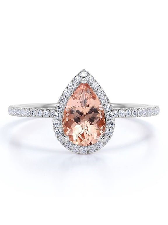 1.25 Carat Pear Cut Peach Pink Created Morganite Halo Engagement Ring in 18K White Gold over Silver