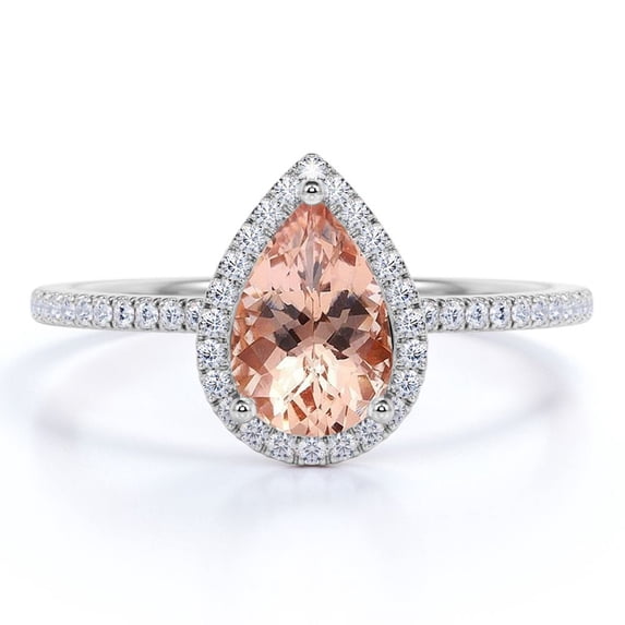 JeenMata 1.25 Carat Pear Cut Peach Pink Created Morganite Halo Engagement Ring in 18K White Gold over Silver
