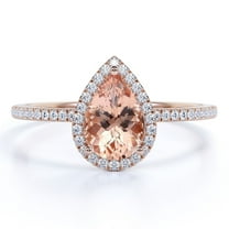 JeenMata 1.25 Carat Pear Cut Peach Pink Lab Created Morganite Halo Engagement Ring in 18k Rose Gold over Silver