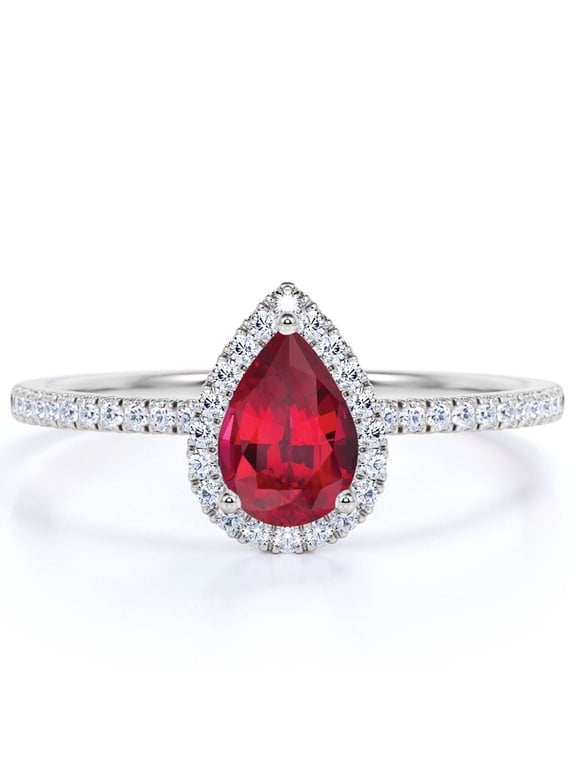 1.25 Carat Pear Cut Pigeon Blood Ruby & Moissanite Wedding Ring in 18K White Gold over Silver