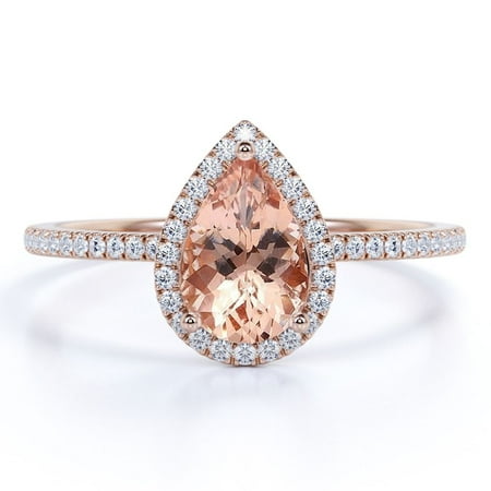JeenMata 1.25 Carat Pear Cut created morganite and Moissanite Halo Engagement Ring in Rose Gold