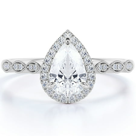 JeenMata 1.25 Carat Pear Shape Moissanite Halo Vintage Engagement Ring in 18k White Gold over Silver
