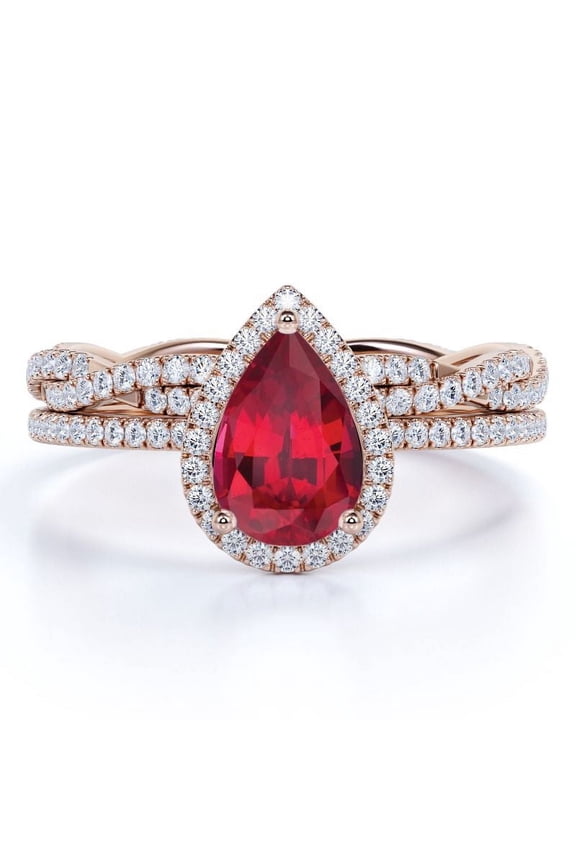 1.25 Carat Pear Shaped Sunset Lab Created Ruby Wedding Set - Vintage Ring - 18k Rose Gold over Silver