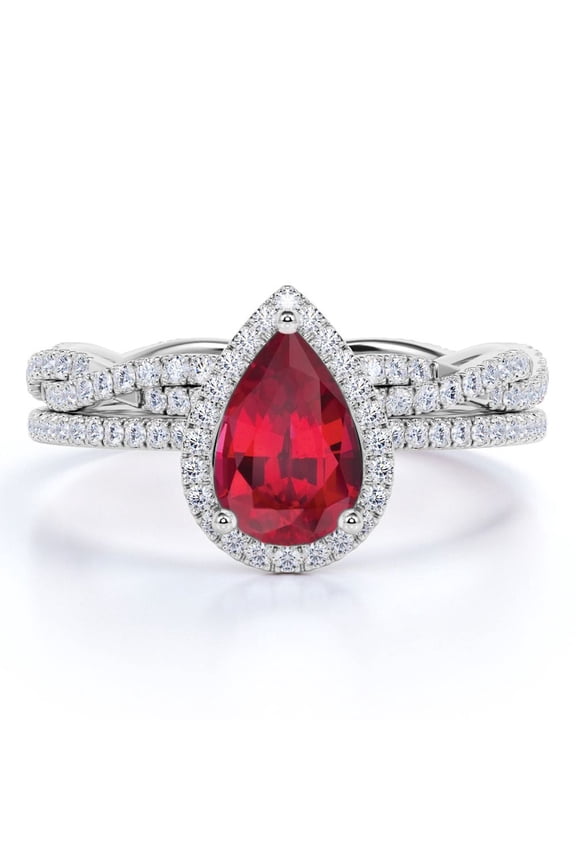1.25 Carat Pear Shaped Sunset Lab Created Ruby Wedding Set - Vintage Ring - 18k White Gold over Silver
