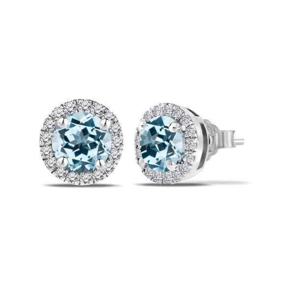 JeenMata 3 Carat - March Aquamarine Birthstone Halo Stud Earrings - Round Cut in 18K White Gold Plating for Women