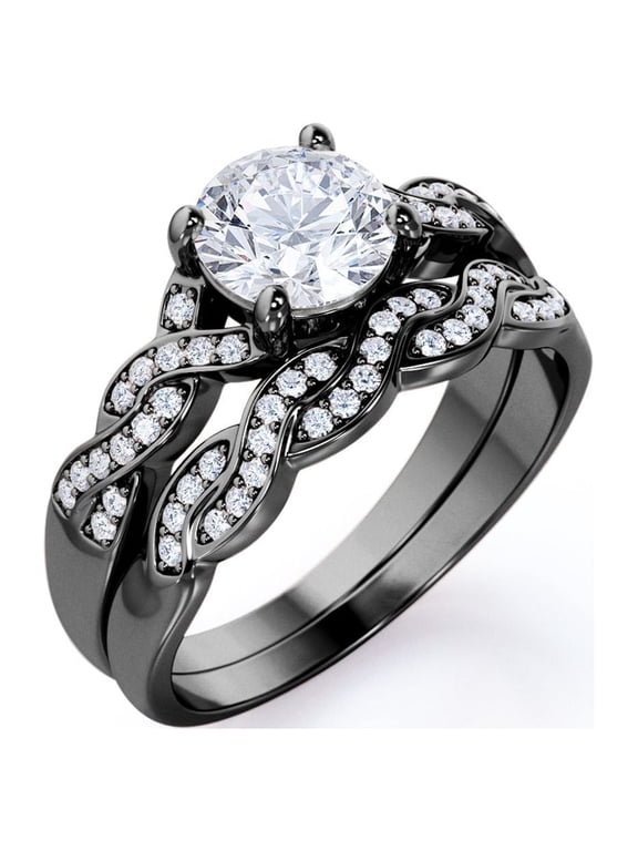 1.25 Carat Round Cut Moissanite Wedding Set - Bridal Set - Infinity Ring - Forever Ring - Promise Ring - 18k Black Gold Plated for Women