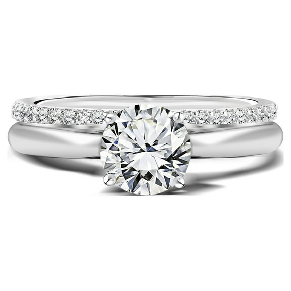 JeenMata 1.25 Carat Round Cut Moissanite Wedding Set - Bridal Set - Engagement Ring - Four Prong Ring - 18k White Gold Over Silver
