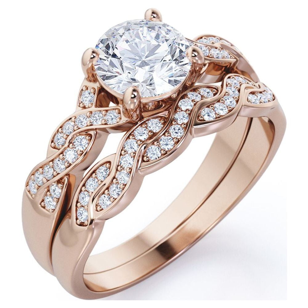 JeenMata 1.25 Carat Round Cut Moissanite Wedding Set Bridal Set Infinity Ring Forever Ring Promise Ring 18k Rose Gold Over Silver