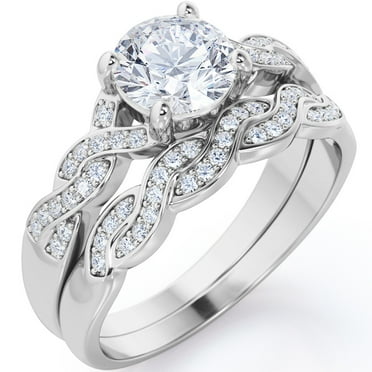 JeenMata 1.25 Carat Round Cut Moissanite Wedding Set - Bridal Set - Infinity Ring - Forever Ring - Promise Ring - 18k White Gold Over Silver