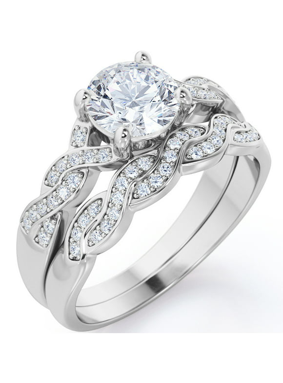 JeenMata 1.25 Carat Round Cut Moissanite Wedding Set - Bridal Set - Infinity Ring - Forever Ring - Promise Ring - 18k White Gold Over Silver
