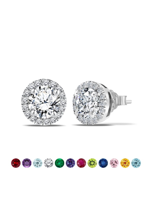 3 Carat - April Cubic Zirconia Birthstone Halo Stud Earrings - Round Cut in 18K White Gold Plating for Women