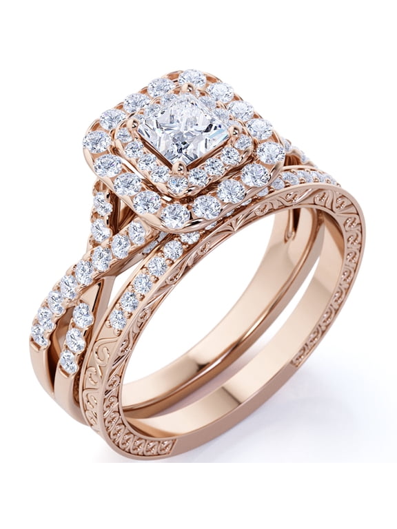 1.25 Carat Square Moissanite Engagement Ring for Women, Double Halo Bridal Wedding Ring Set with Twisted Band in 18K Rose Gold Plated