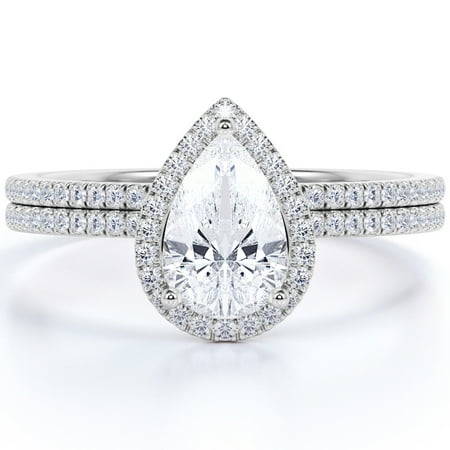 JeenMata 1.25 Carat pear cut Moissanite Wedding Ring Set in 18k White Gold Over Silver