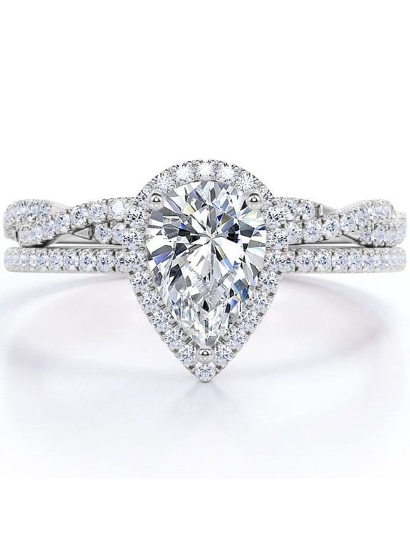 1.25 Carat Pear Cut Lab Grown Diamond Bridal Ring Set in 10K White Gold - Halo Engagement Ring and Wedding Band Set for Women
