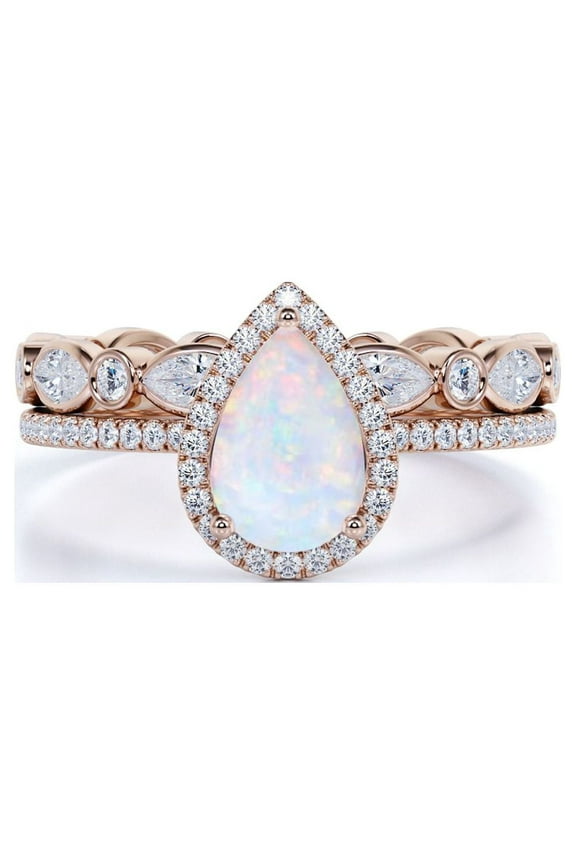 1.25 ct Halo Pear Shaped Opal and Moissanite Engagement Ring Set in 18K Rose Gold over Silver