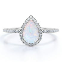 JeenMata 1.25 ct Pear Cut Opal and Moissanite Halo Wedding Ring in 18k White Gold over Silver