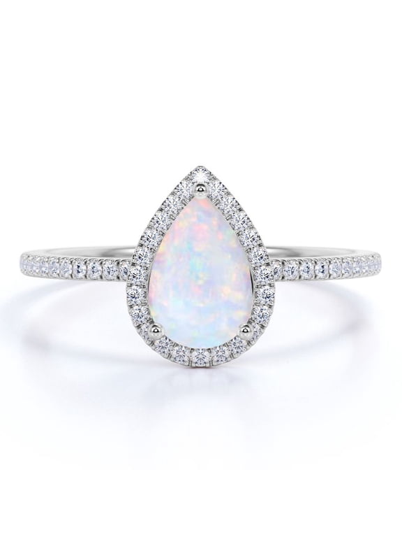 1.25 ct Pear Cut Opal and Moissanite Halo Wedding Ring in 18k White Gold over Silver