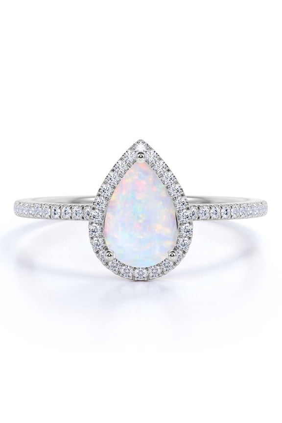 1.25 ct Pear Cut Opal and Moissanite Halo Wedding Ring in 18k White Gold over Silver