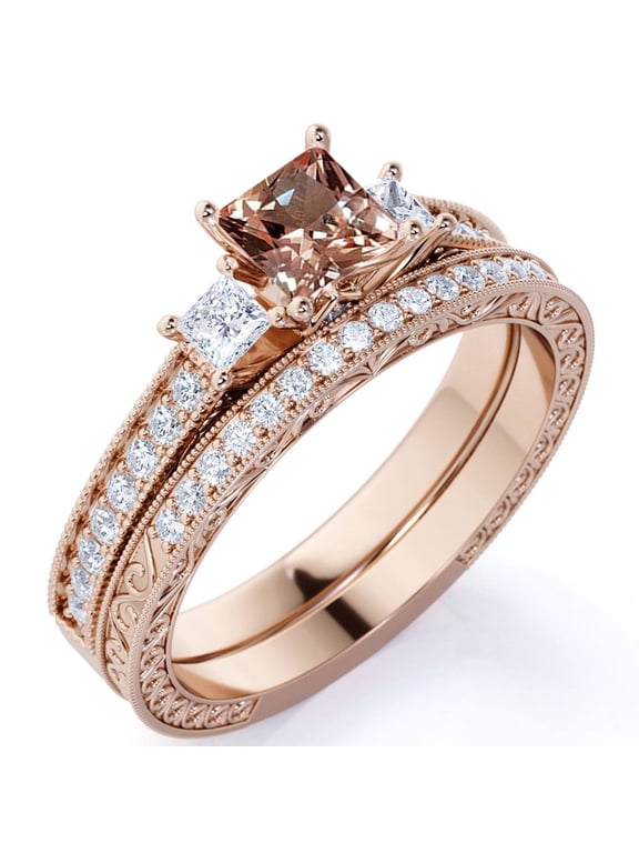 1.25 ct - Princess Cut Champagne Pink Created Morganite - Three Stone Ring - Victorian - Vintage Wedding Ring Set in 18K Rose Gold over Silver