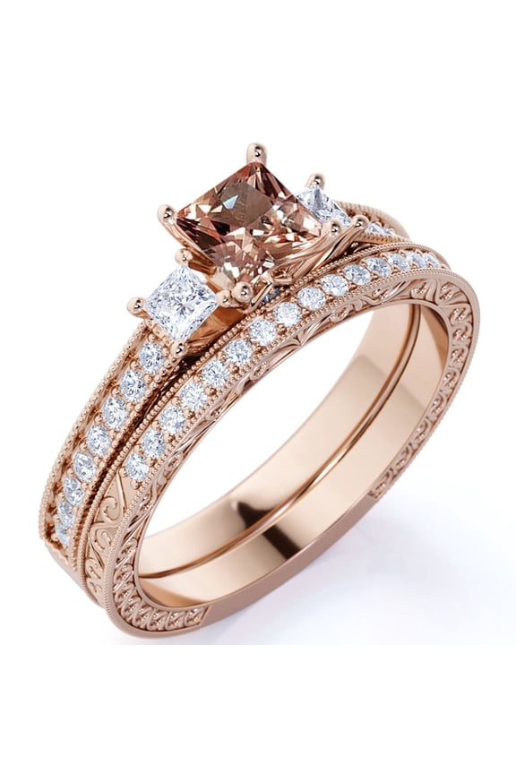 1.25 ct - Princess Cut Champagne Pink Created Morganite - Three Stone Ring - Victorian - Vintage Wedding Ring Set in 18K Rose Gold over Silver