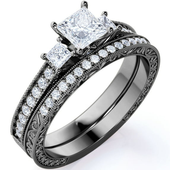 JeenMata 1.25 ct - Princess Cut Moissanite - Pave - Three Stone Ring - Victorian Style - Vintage Gothic Wedding Ring Set in 18K Black Gold Plating for Women