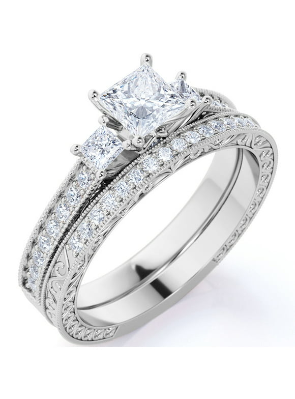 1.25 ct - Princess Cut Moissanite - Pave - Three Stone Ring - Victorian Style - Vintage Wedding Ring Set in 18K White Gold Plating for Women