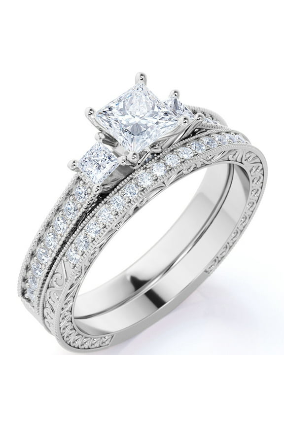 1.25 ct - Princess Cut Moissanite - Pave - Three Stone Ring - Victorian Style - Vintage Wedding Ring Set in 18K White Gold Plating for Women