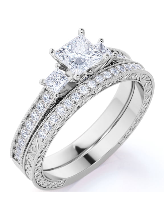 1.25 ct - Princess Cut Moissanite - Pave - Three Stone Ring - Victorian Style - Vintage Wedding Ring Set in 18K White Gold Plating for Women