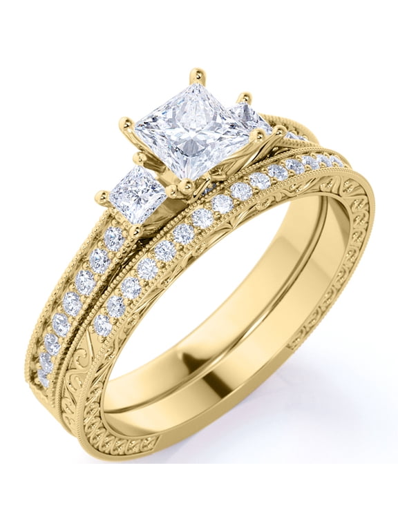 1.25 ct - Princess Cut Moissanite - Pave - Three Stone Ring - Victorian Style - Vintage Wedding Ring Set in 18K Yellow Gold Plating for Women