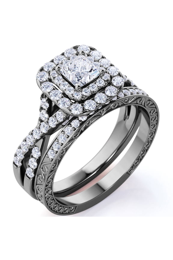 1.25 ct - Square Moissanite - Double Halo - Twisted Band - Vintage Inspired - Pave - Gothic Wedding Ring Set in 18K Black Gold Plated for Women