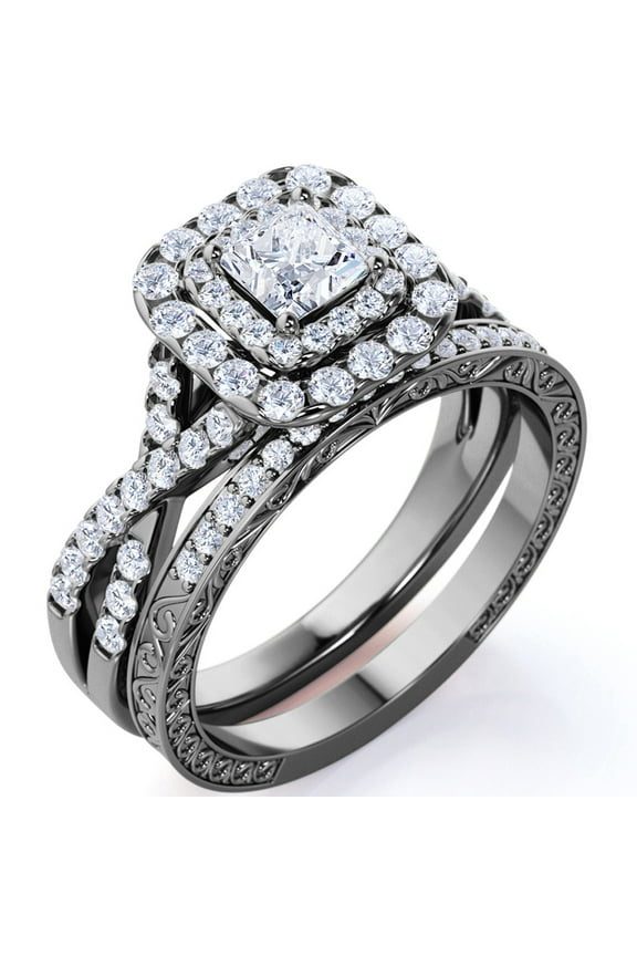 1.25 ct - Square Moissanite - Double Halo - Twisted Band - Vintage Inspired - Pave - Gothic Wedding Ring Set in 18K Black Gold Plated for Women