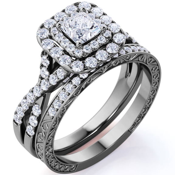 JeenMata 1.25 Carat Square Moissanite Engagement Ring for Women, Double Halo Bridal Wedding Ring Set with Twisted Band in 18K Black Gold Plated
